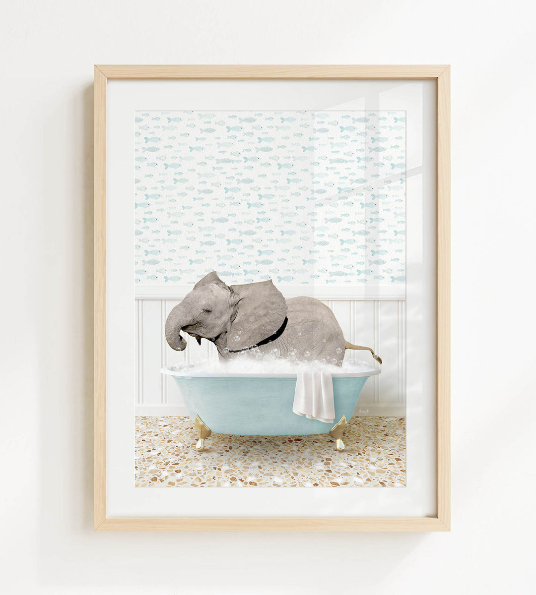 A gray elephant is sitting in a blue bathtub filled with water, surrounded by a patterned wall and a tiled floor.