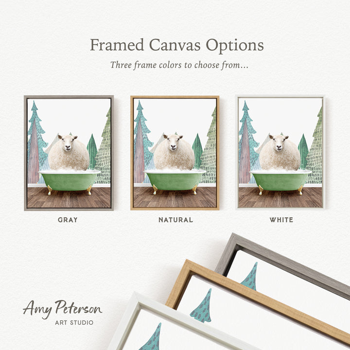 The image is a framed canvas option featuring three different color options for a painting of a sheep in a bathtub, with a forest backdrop.