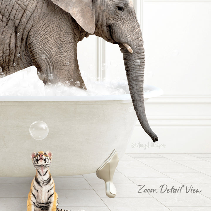 A tiger sits on the floor next to a bathtub filled with bubbles, while an elephant stands in the tub, creating a whimsical and surreal scene.