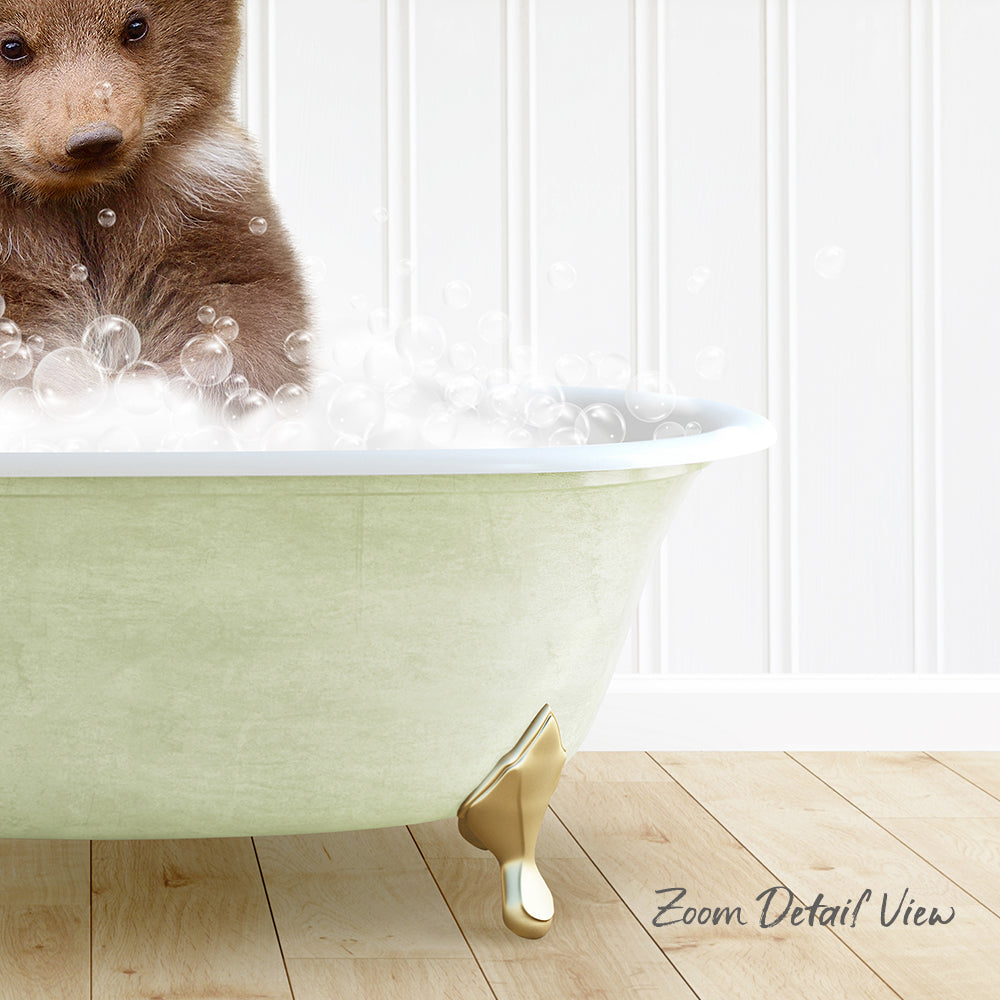 A cute brown bear is sitting in a green bathtub filled with bubbles, creating a playful and whimsical scene.