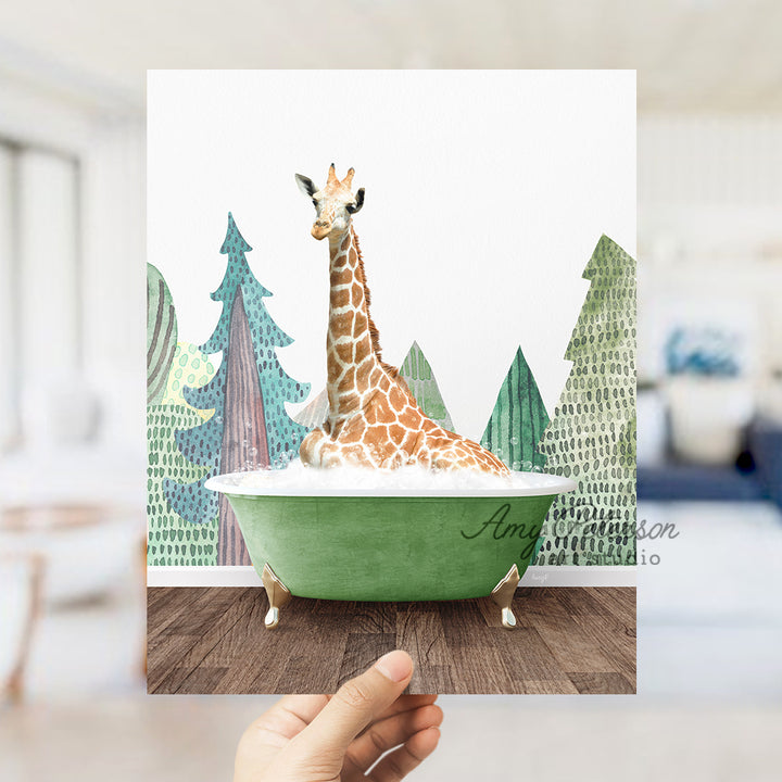 a giraffe sitting in a green bath tub