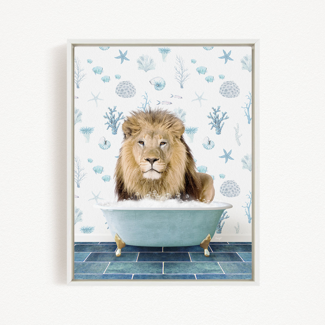 A lion is sitting in a bathtub filled with bubbles, surrounded by a blue and white patterned wall.