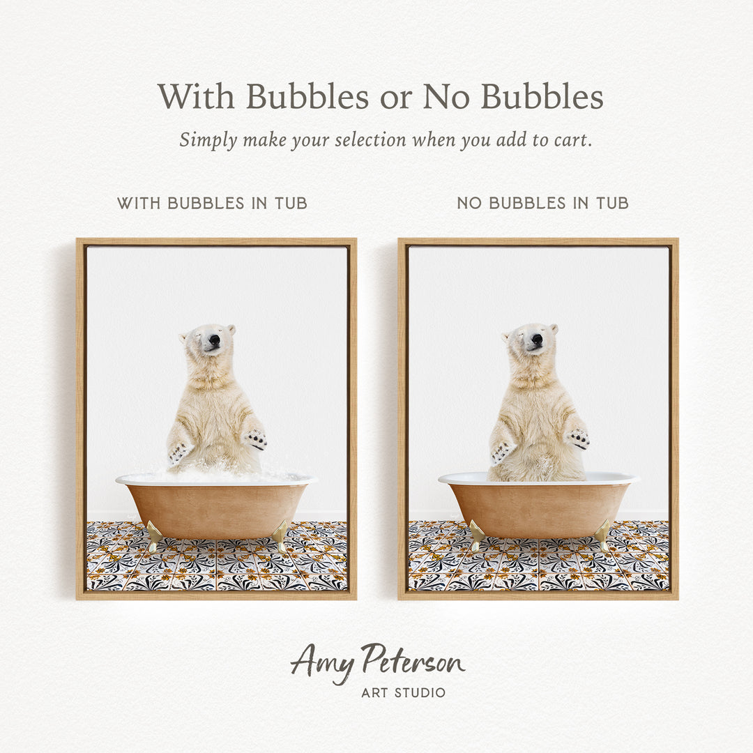 The image is a collage of two pictures featuring a polar bear sitting in a tub. The polar bear in each picture has either bubbles or no bubbles in the tub, creating a visual contrast between the two images.