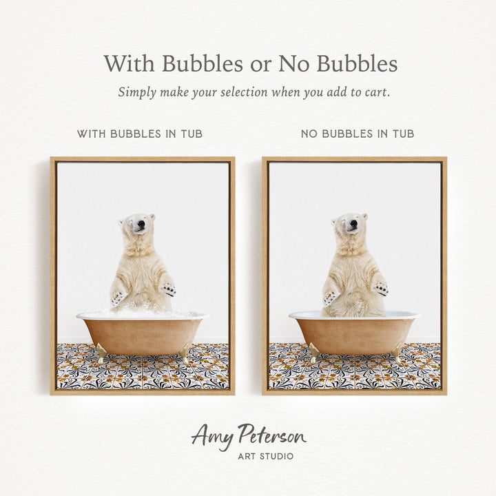 The image is a collage of two pictures featuring a polar bear sitting in a tub. The polar bear in each picture has either bubbles or no bubbles in the tub, creating a visual contrast between the two images.