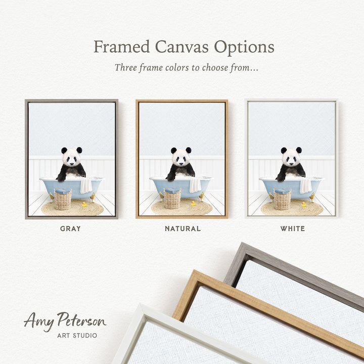 three framed canvas options, each featuring a panda bear sitting in a bathtub. The options include a gray frame, a natural frame, and a white frame.