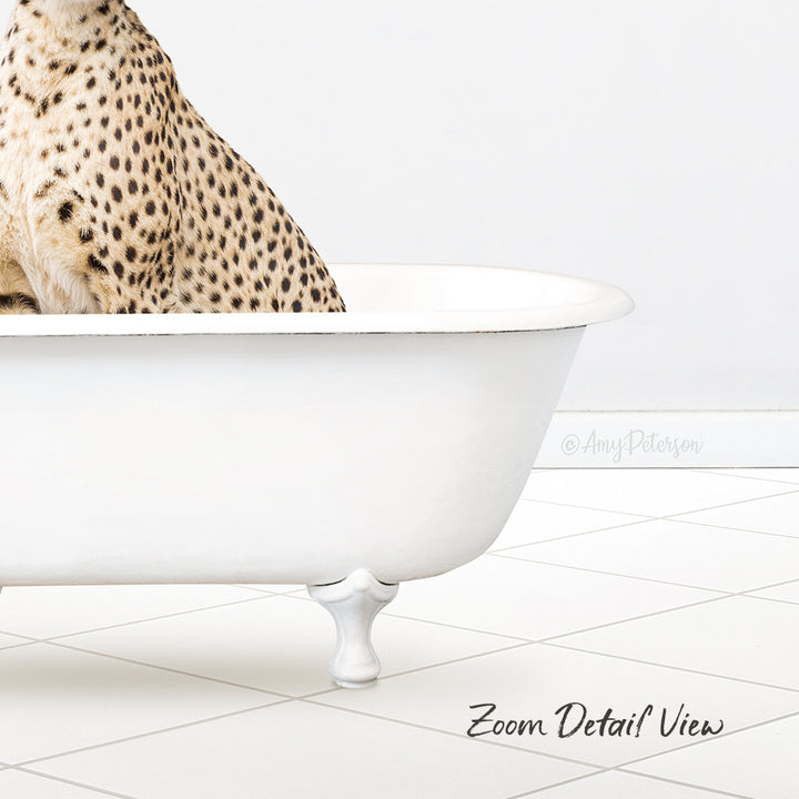 A leopard-spotted cat is sitting in a white bathtub, with a white tiled floor and a white wall in the background.