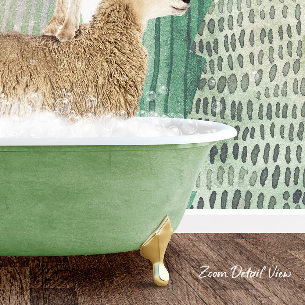 A fluffy brown dog is sitting in a green bathtub filled with bubbles, with a patterned wall in the background.