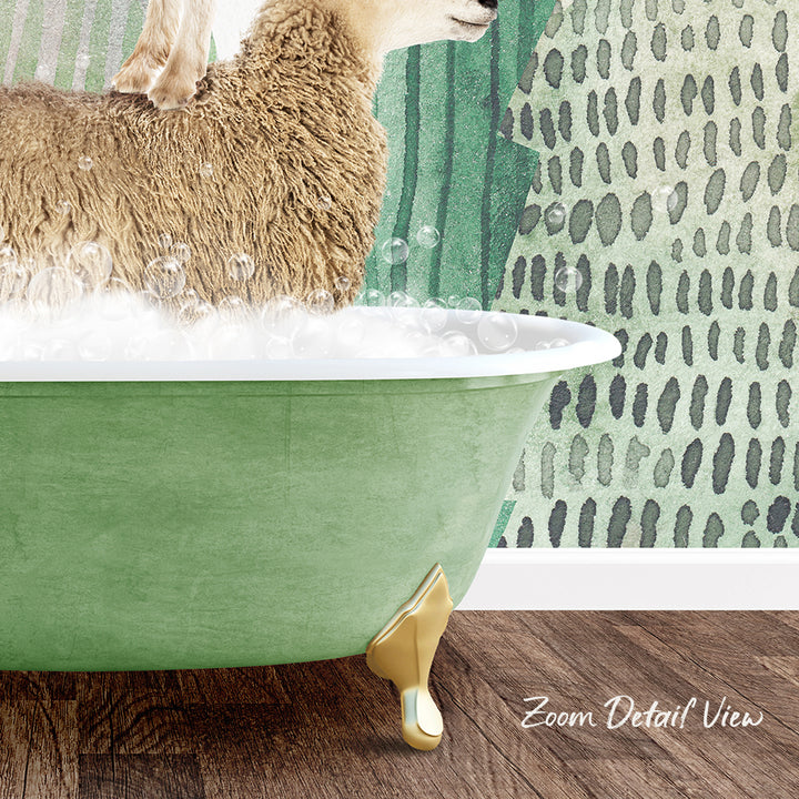 A fluffy brown dog is sitting in a green bathtub filled with bubbles, with a patterned wall in the background.