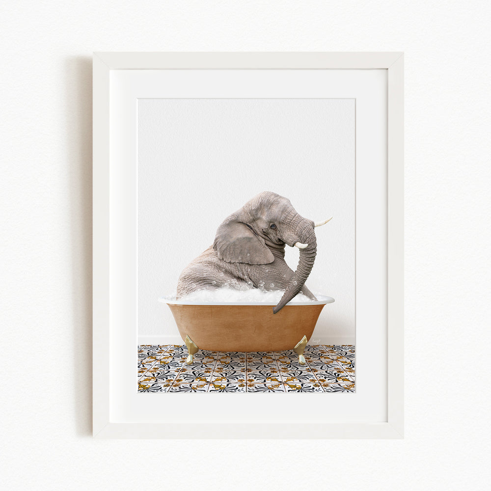 A gray elephant sitting in a brown bathtub filled with water, surrounded by a patterned tile floor.