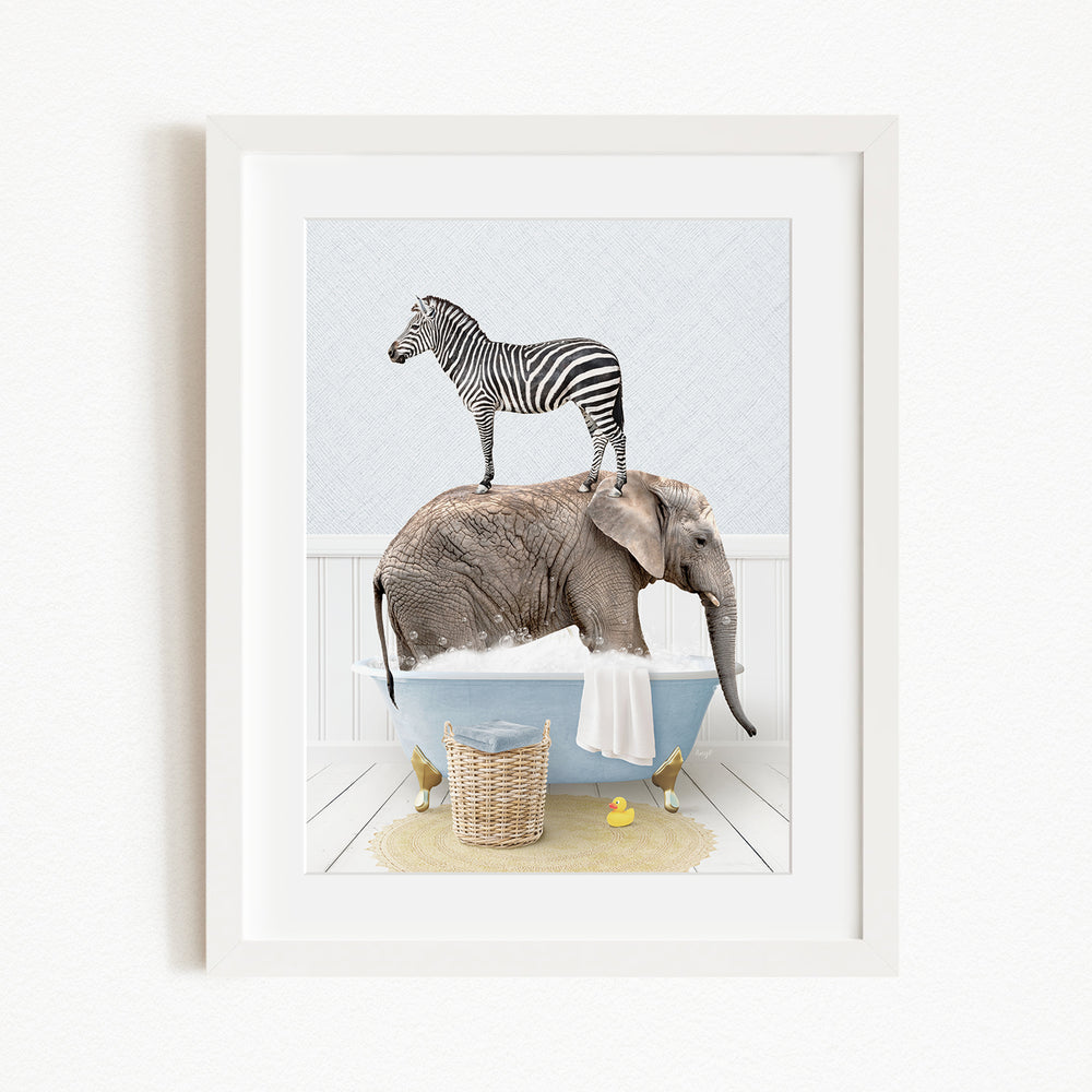 A zebra stands on top of an elephant in a bathtub, surrounded by a basket of toys and a yellow mat.