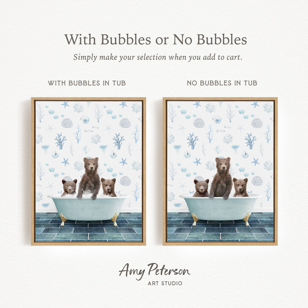 The image is a collage of two framed pictures, each depicting a bear sitting in a bathtub. The bears are brown and appear to be enjoying their time in the tub. The text above the images reads "With Bubbles or No Bubbles" and below the images, it says "Simply make your selection when you add to cart."