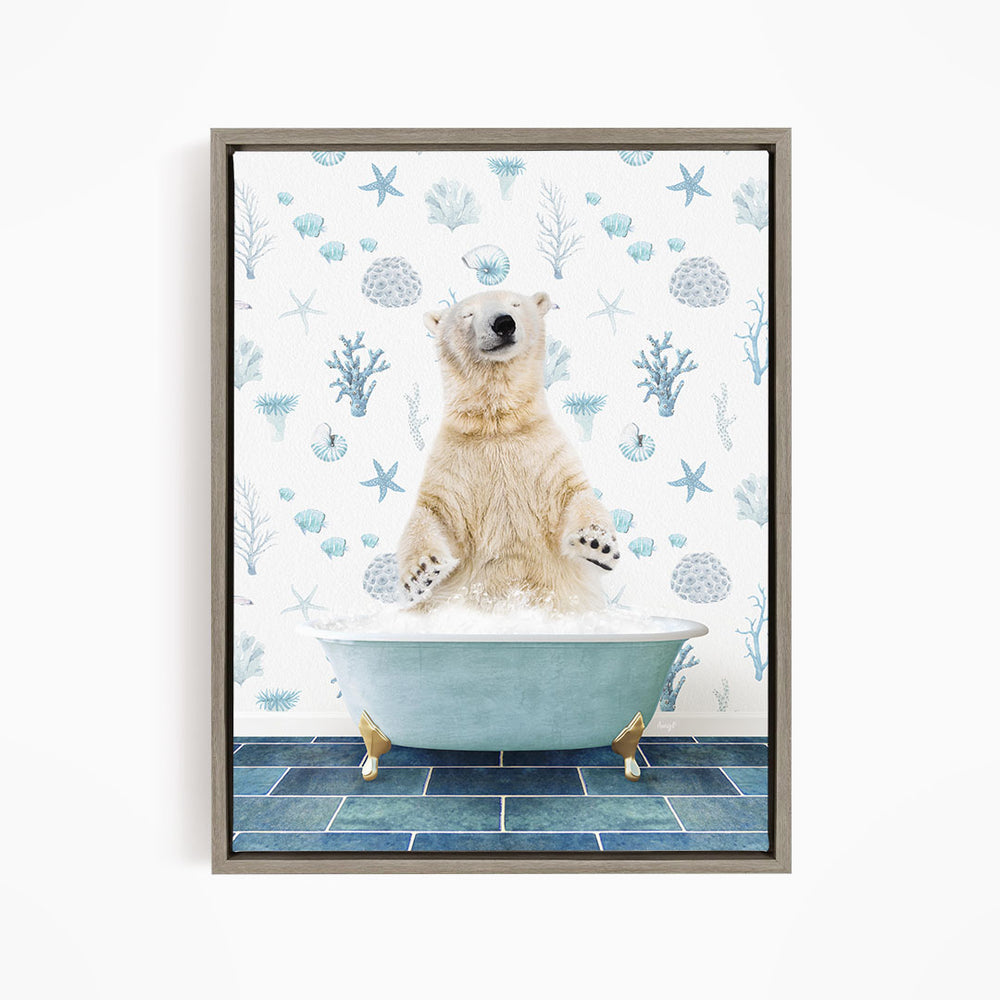 A polar bear sitting in a bathtub filled with bubbles, surrounded by a pattern of blue and white seashells and starfish.