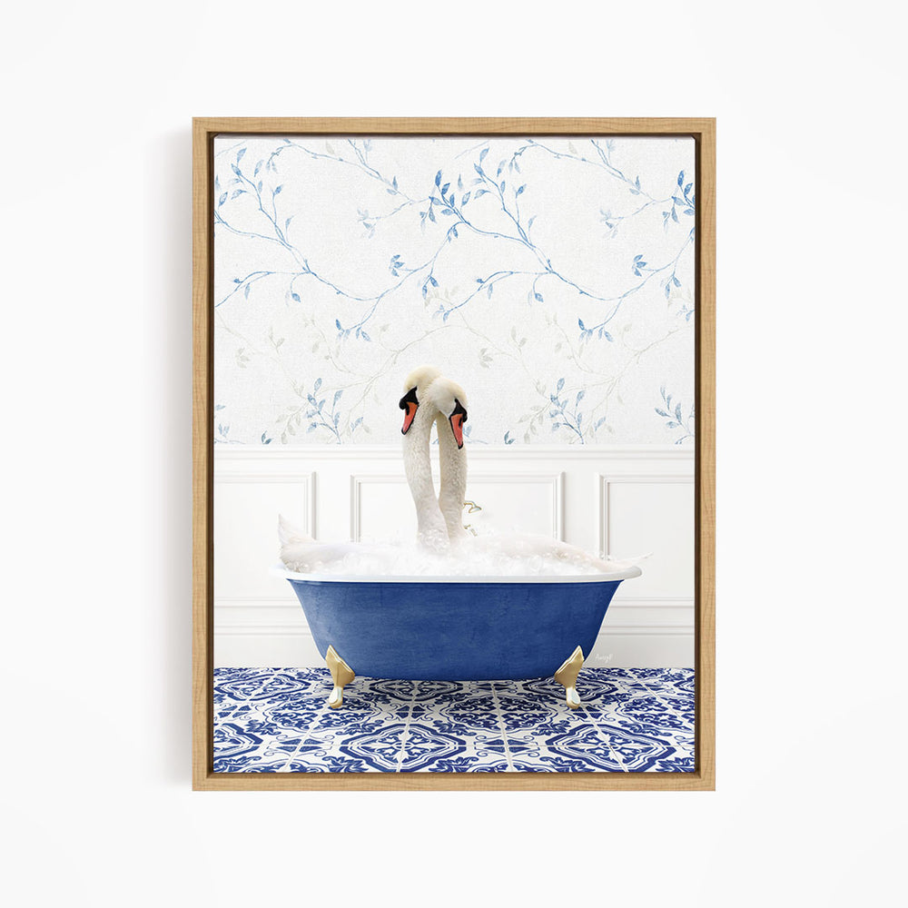 A pair of swans sitting in a blue bathtub, with a floral patterned wall behind them.