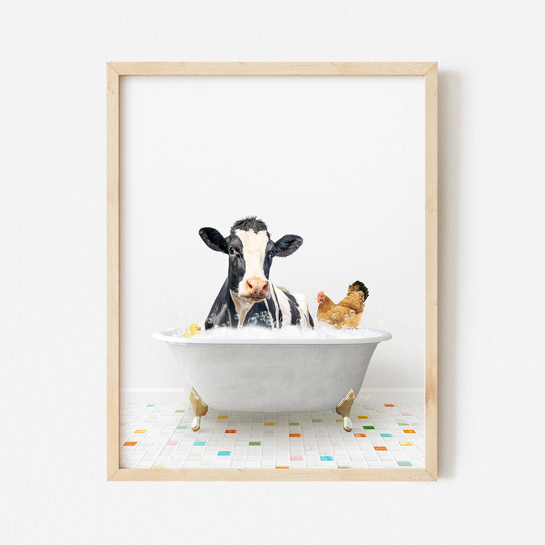 a picture of a cow in a bathtub with chickens