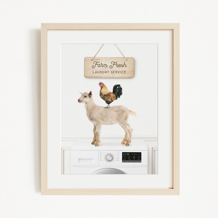 a goat standing on top of a washing machine, with a rooster perched on its back. Above the washing machine, there is a wooden sign that reads "Farm Fresh Laundry Service".