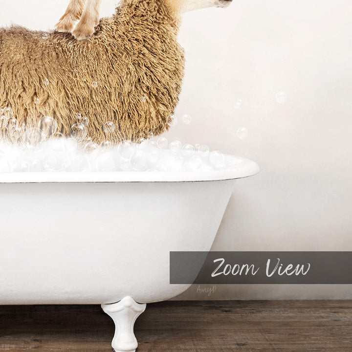 A fluffy brown sheep is standing in a white bathtub filled with bubbles, creating a playful and whimsical scene.