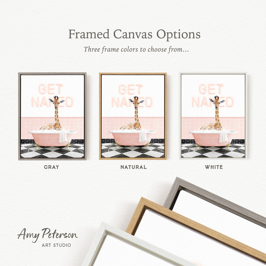 three framed canvas options, each featuring a giraffe in a bathtub. The options include a gray frame, a natural frame, and a white frame. The text above the options reads " Framed Canvas Options Three frame colors to choose from...".
