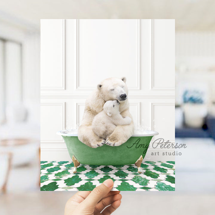 a polar bear sitting on top of a green bath tub