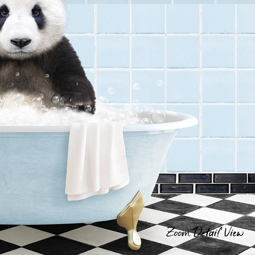 A panda bear sitting in a bathtub filled with bubbles, surrounded by a checkered black and white floor.