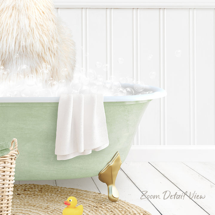 A fluffy white cat is sitting in a green bathtub filled with bubbles, with a yellow rubber duck nearby.