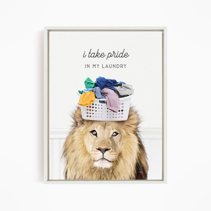 A lion wearing a basket of laundry on its head, with the text "I take pride in my laundry" above the image.
