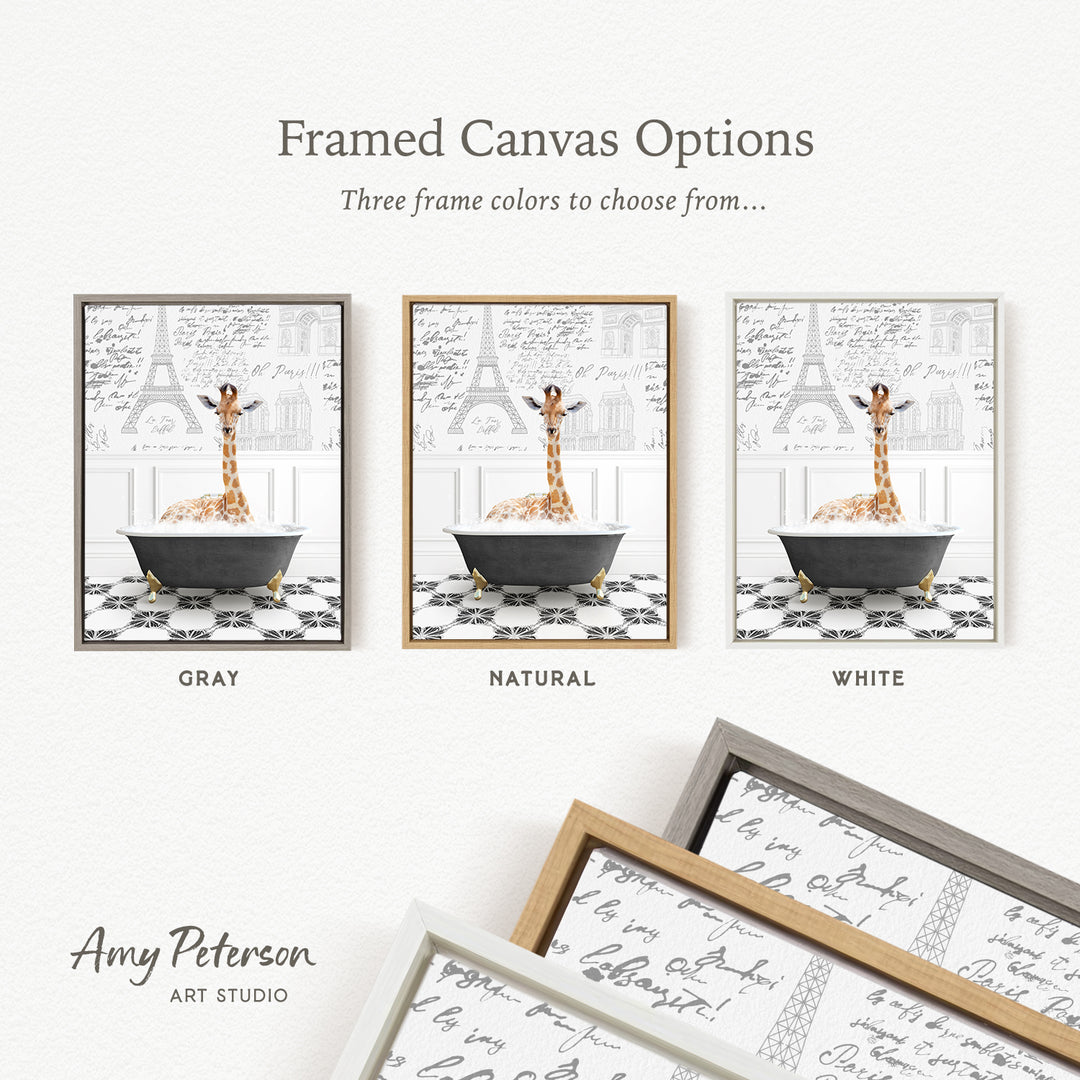 The image is a framed canvas option featuring three different color options for a painting of a giraffe in a bathtub.