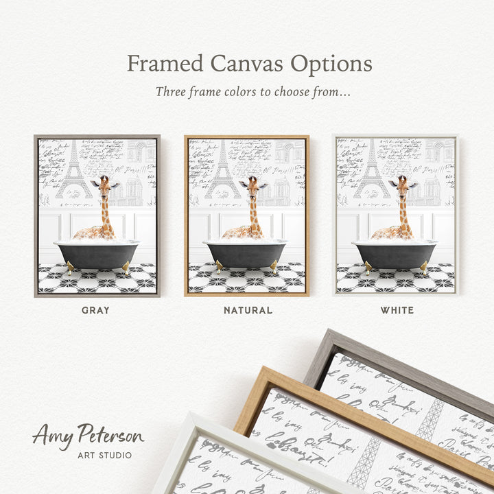 The image is a framed canvas option featuring three different color options for a painting of a giraffe in a bathtub.