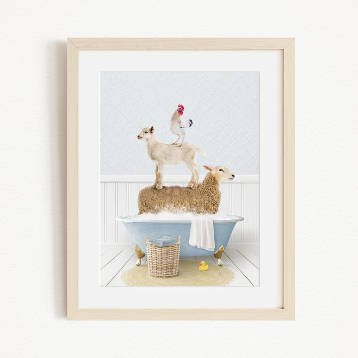 A framed image depicting a goat standing on top of a sheep in a bathtub, with a rooster perched on the sheep's back.