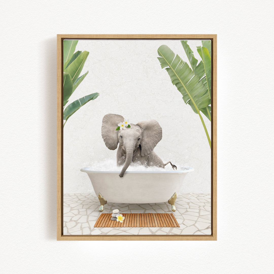 A gray elephant is sitting in a white bathtub, surrounded by green leaves and flowers, creating a whimsical and relaxing scene.