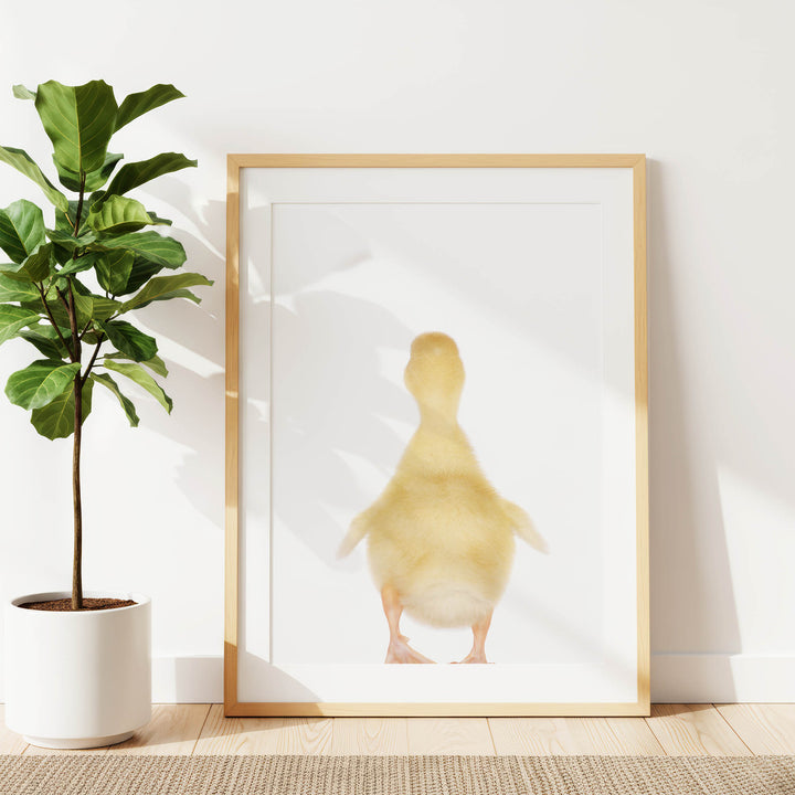 a yellow duck standing in a white frame, placed on a wooden floor next to a potted plant.