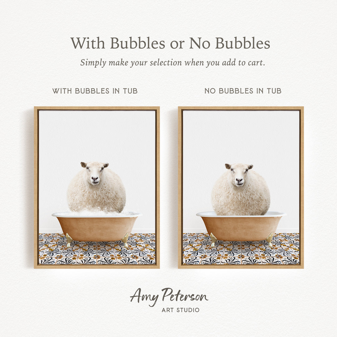 The image is a collage of two framed pictures, each featuring a white sheep sitting in a tub. The text above the images reads "With Bubbles or No Bubbles" and below the images, it says "Simply make your selection when you add to cart."