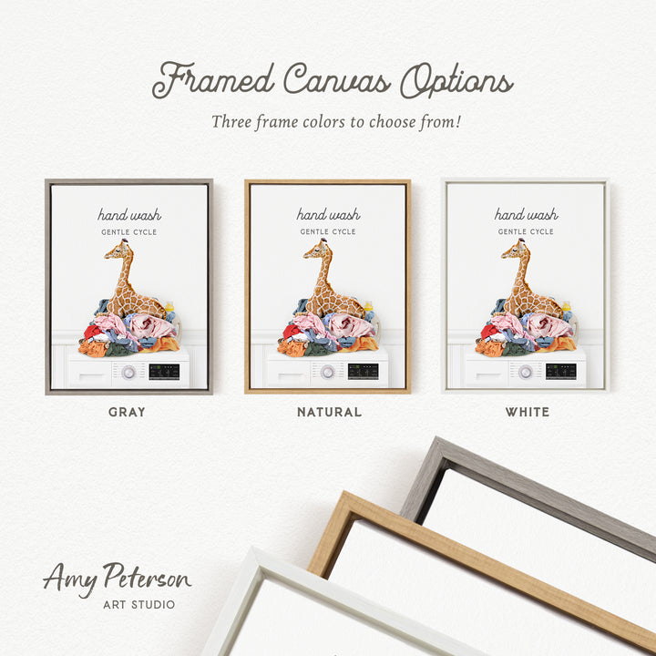 three framed canvas options, each with a different color: gray, natural, and white. The text above the options reads " Framed Canvas Options" and "Three frame colors to choose from!". The text below the options lists the colors: "gray", "NATURAL", and "WHITE". The artist's name, Amy Peterson, is also mentioned at the bottom of the image.