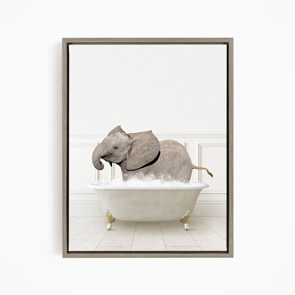A gray elephant is sitting in a white bathtub filled with water, creating a whimsical and playful scene.