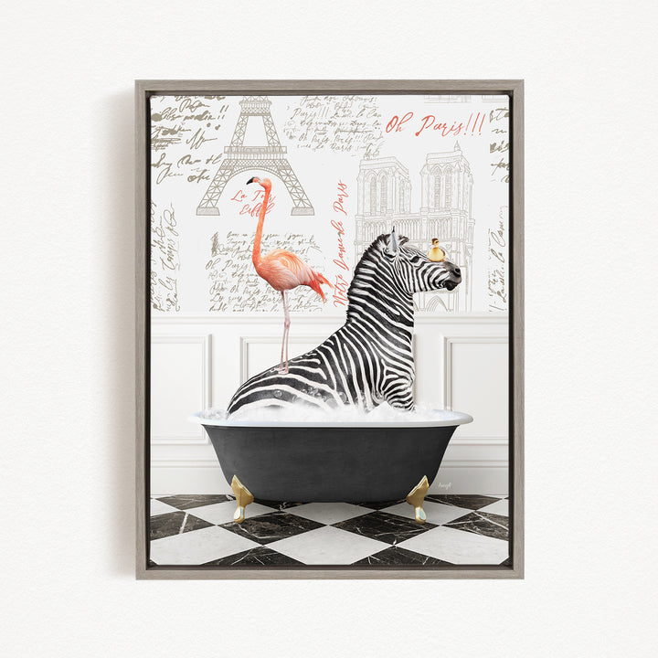 A zebra sitting in a bathtub, with a pink flamingo standing on its back, against a backdrop of the Eiffel Tower and Parisian architecture.