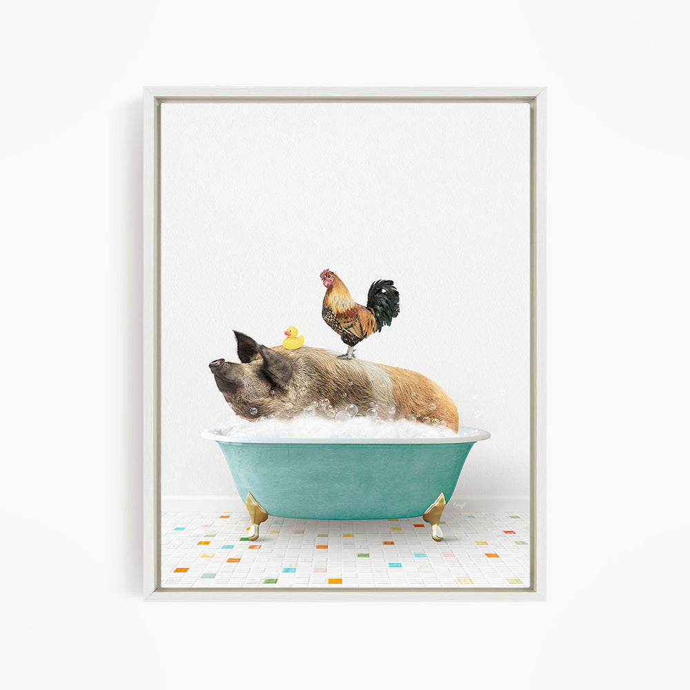 A pig is sitting in a bathtub filled with bubbles, with a rooster perched on its back and a yellow rubber duck floating nearby.