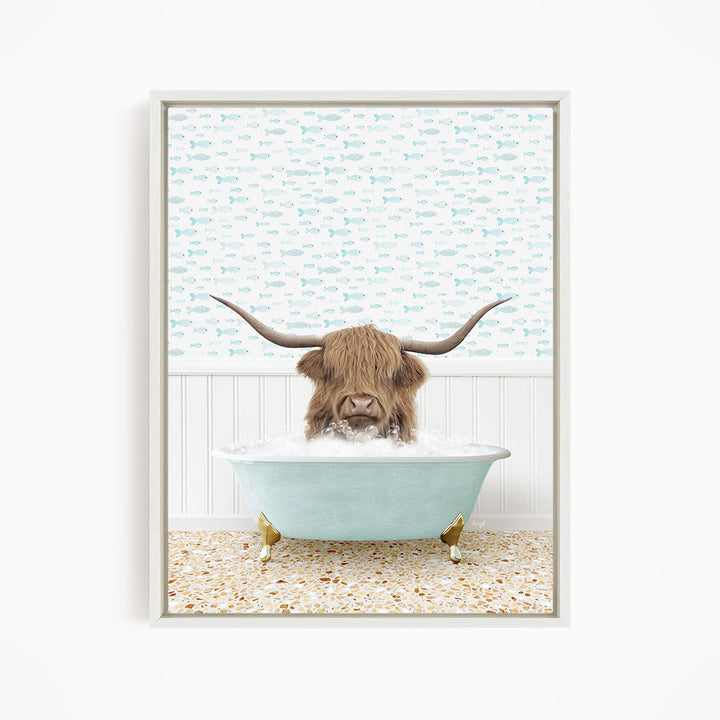 A brown cow with long horns is sitting in a light blue bathtub filled with water, surrounded by a pattern of small fish.