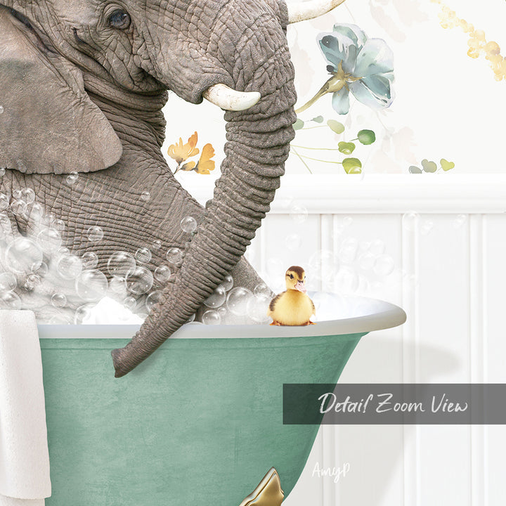 An elephant is taking a bath in a green bathtub, with a small yellow duck sitting on the edge of the tub.