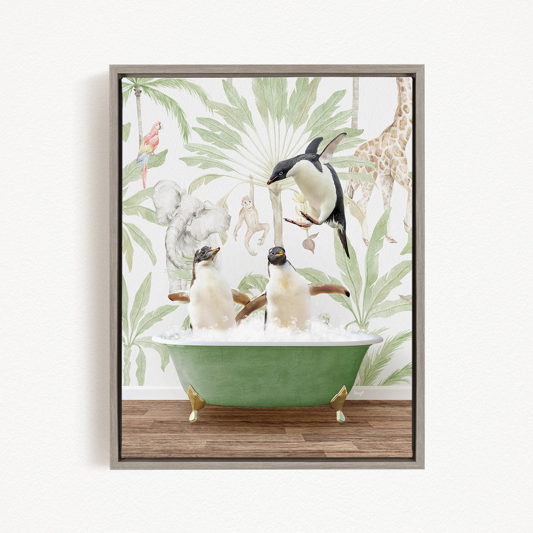 A framed image depicting two penguins sitting in a green bathtub, surrounded by a tropical jungle wallpaper with various animals such as a parrot, giraffe, and monkey.