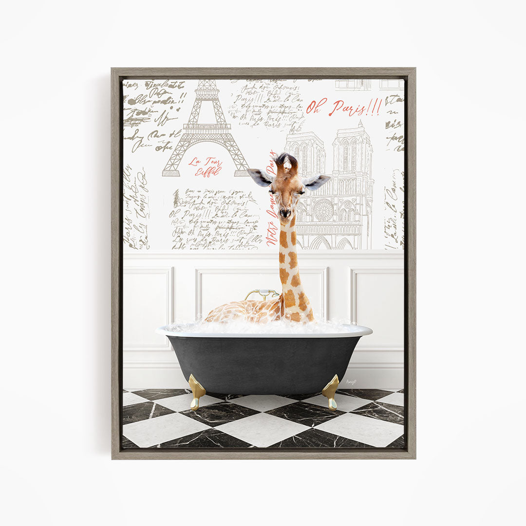 A giraffe sitting in a bathtub filled with water, surrounded by a Paris-themed background with the Eiffel Tower and other landmarks.