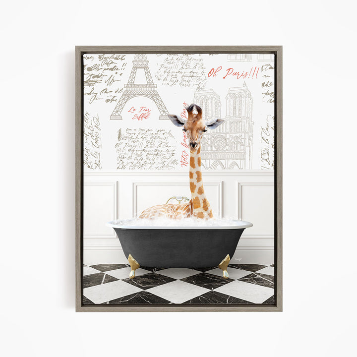A giraffe sitting in a bathtub filled with water, surrounded by a Paris-themed background with the Eiffel Tower and other landmarks.