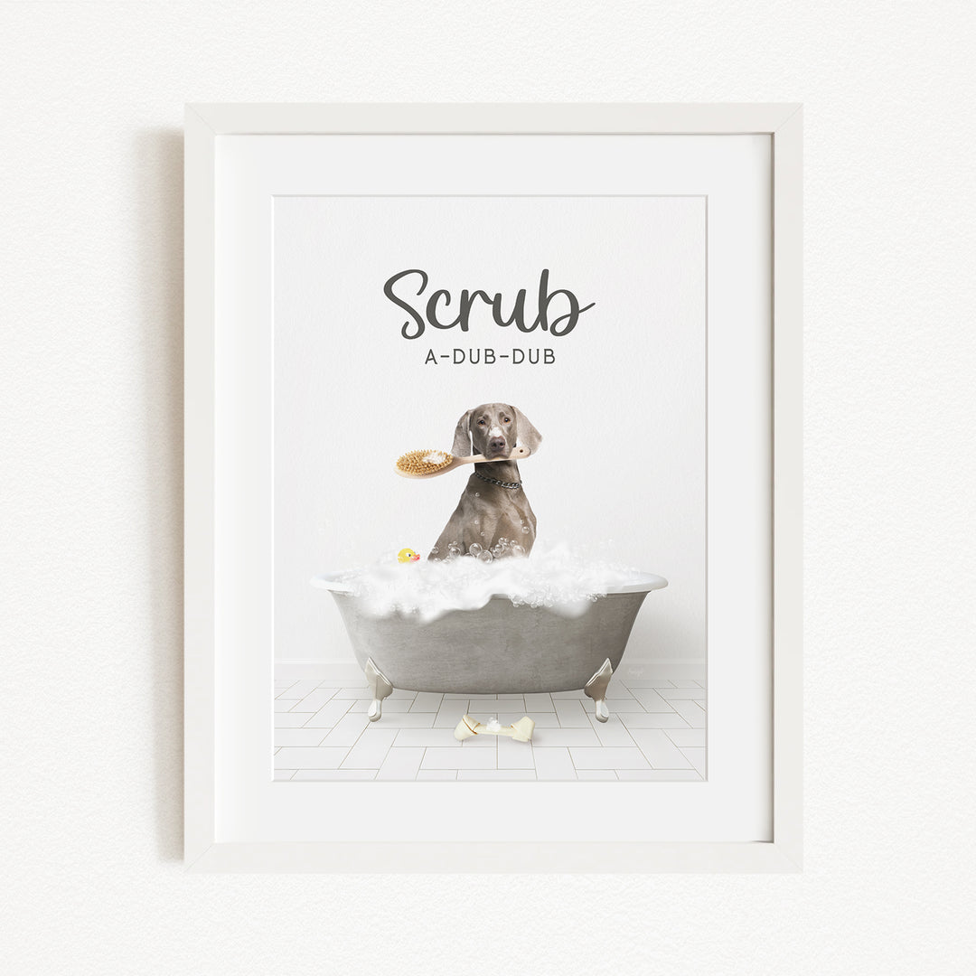A dog sitting in a bathtub, holding a brush in its mouth, with the text "Scrub A-DUB-DUB" above it.