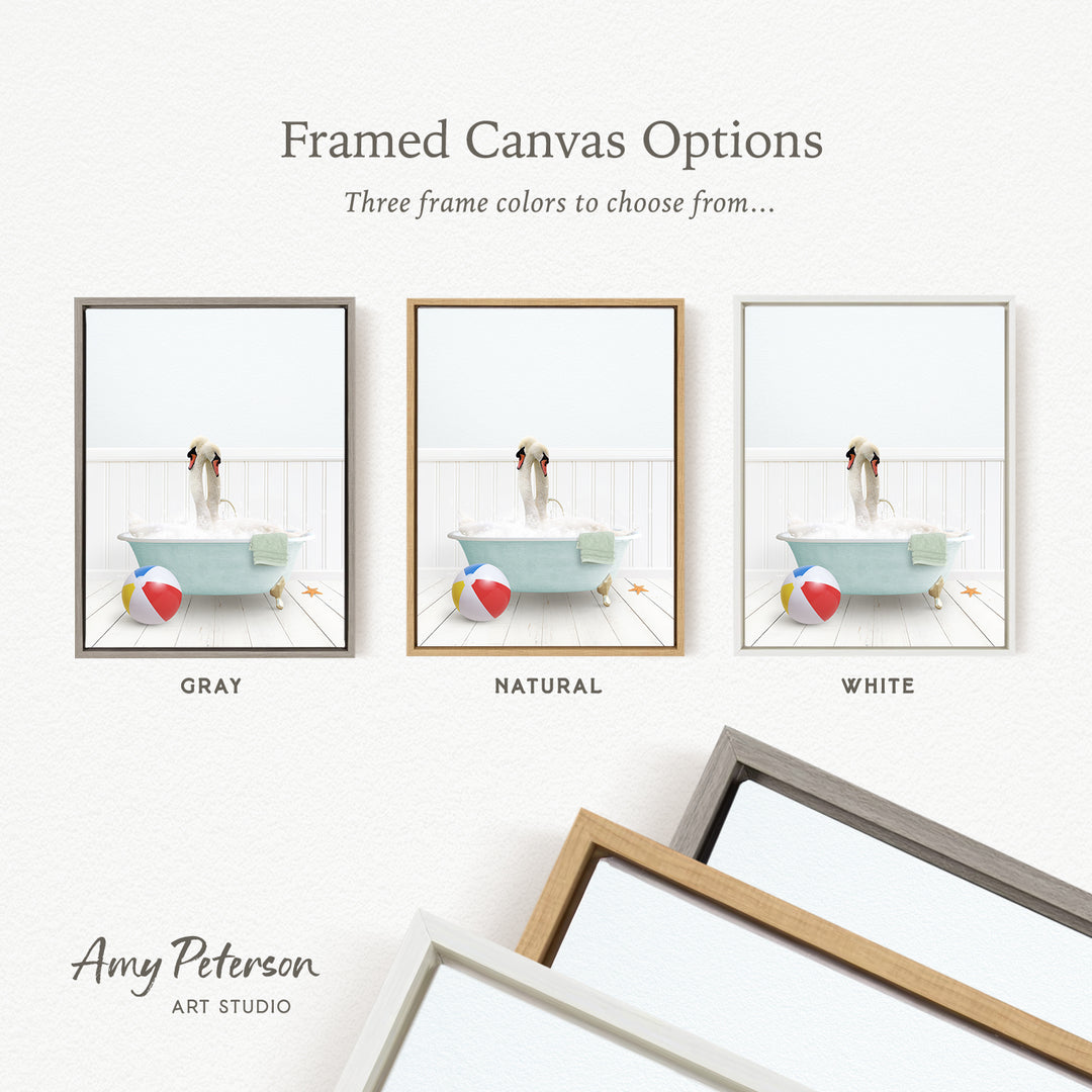 three framed canvas options, each with a different frame color: gray, natural, and white. The text above the images reads " Framed Canvas Options" and "Three frame colors to choose from...". The bottom of the image features the text " Amy Peterson ART STUDIO".