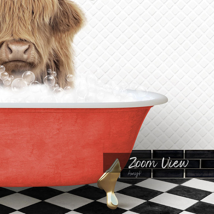 A red bathtub filled with bubbles, with a large, furry animal, possibly a dog, sitting inside it.