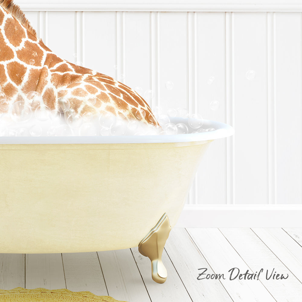 A giraffe is sitting in a bathtub filled with water, creating a whimsical and playful scene.