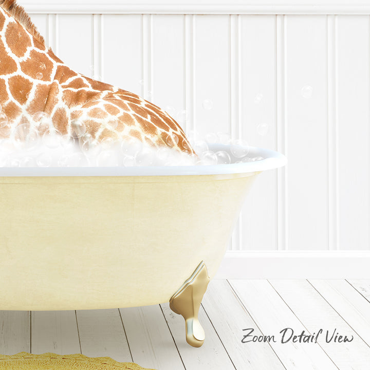 A giraffe is sitting in a bathtub filled with water, creating a whimsical and playful scene.