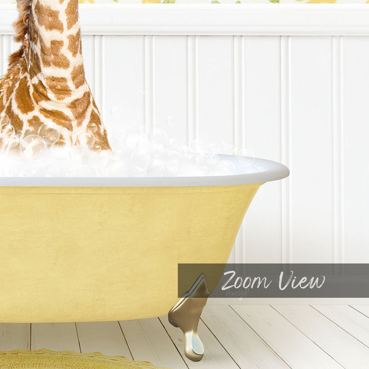 A giraffe standing in a yellow bathtub filled with water, with the text "Zoom View" displayed below the image.