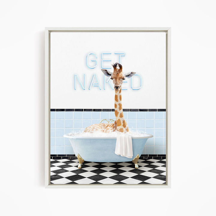 A giraffe standing in a bathtub with a towel draped over its neck, against a backdrop of a checkered floor and a sign that says "GET NAKED".