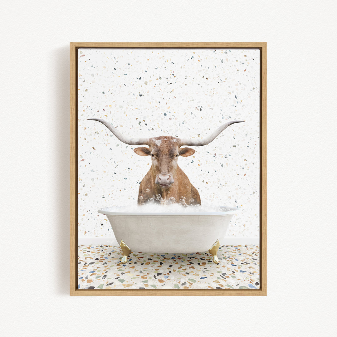 A brown cow with large horns is sitting in a white bathtub filled with water, surrounded by a speckled pattern on the floor.