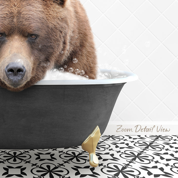 A large brown bear is sitting in a bathtub filled with bubbles, with a patterned tile floor in the foreground.
