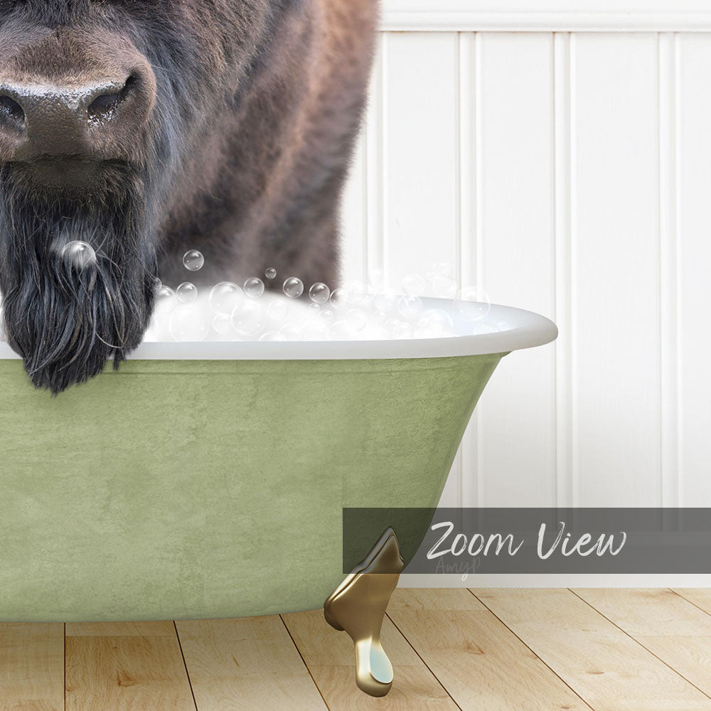 A close-up of a dog's face peeking over the edge of a green bathtub filled with bubbles, with a wooden floor and white wall in the background.